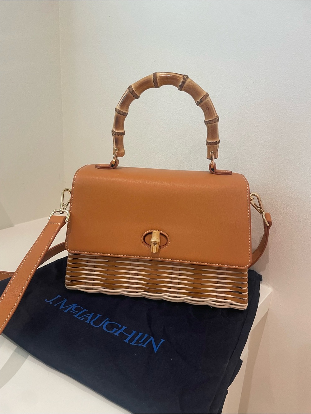 J. McLaughlin Tan Leather & Wicker Shoulder Bag with Bamboo Handle - Irene